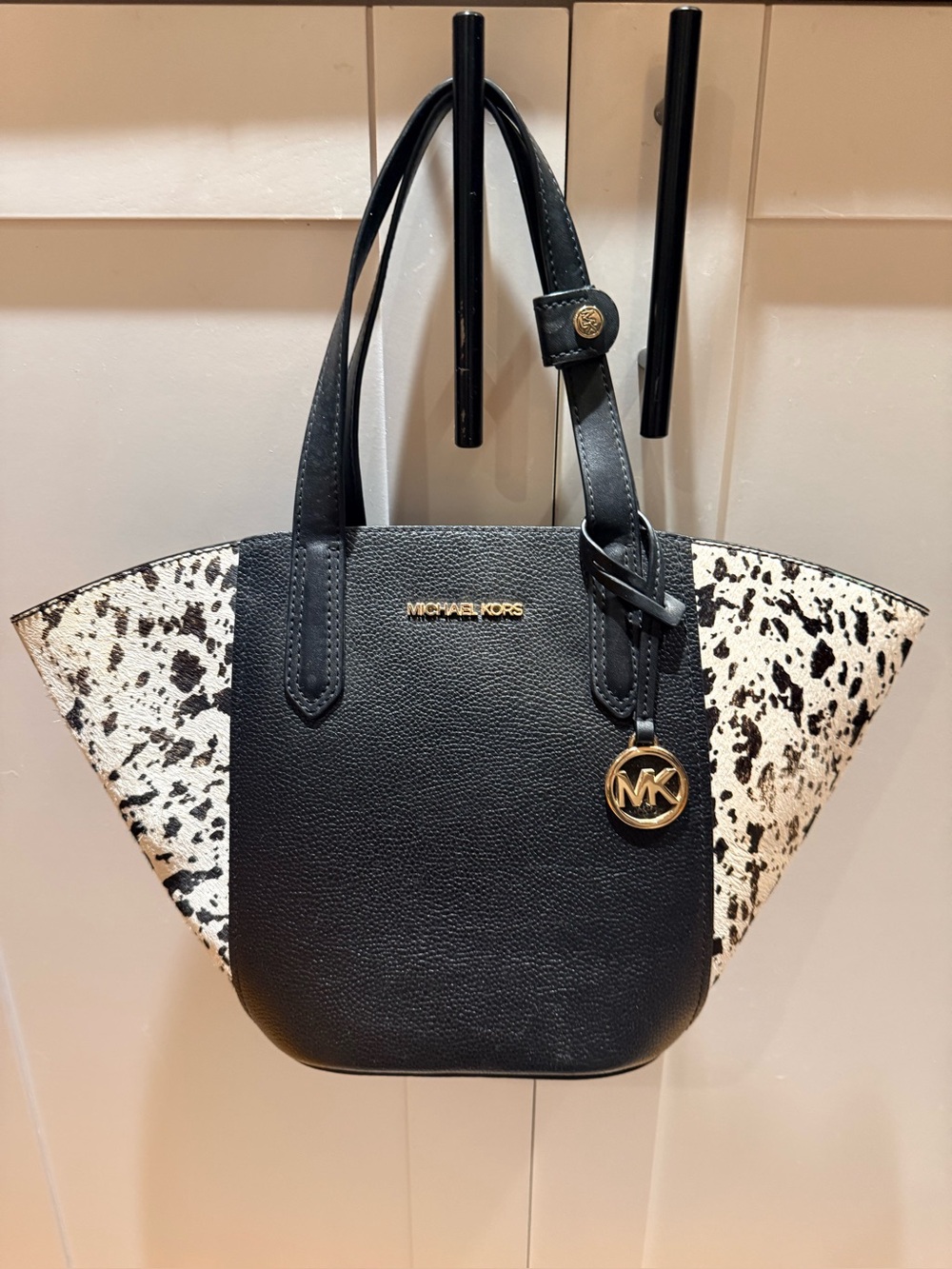 Michael Kors Black Tote with Black-and-White Speckled Side Panels